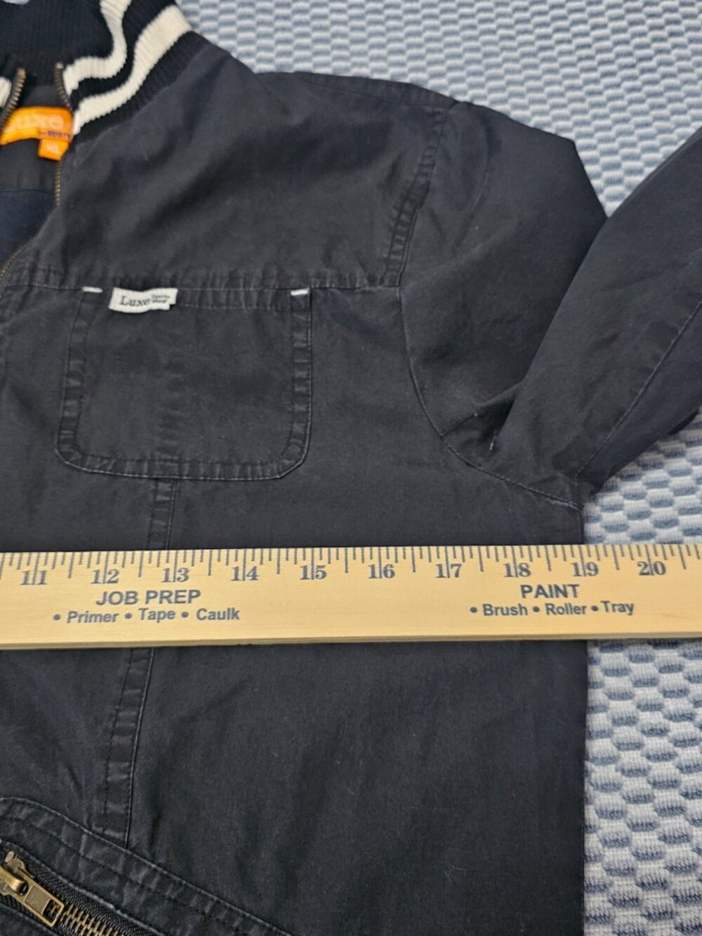 Rusty Lopez Luxe Bomber Black Denim Jacket Striped Trim - Size XL Fits Medium - Picture 5 of 6
